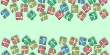 açık yeşil arkaplan görünümlü renkli kutular, afiş veya el ilanları için maket, alıcılar için hediye konsepti, üst görünüm, düz alan, metin yeri.