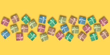 sarı arkaplan renkli kutular ve metin ya da reklam yeri, afiş ya da el ilanı için maket, alıcılar için hediye konsepti, üst görünüm, düz alan, metin yeri.