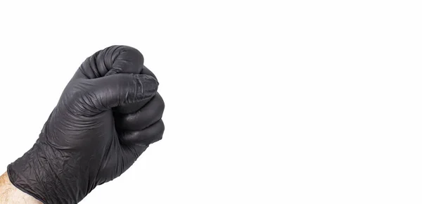 Рука Человека Черной Перчатке Сжатой Кулак Белом Изолированном Копировальном Пространстве — стоковое фото