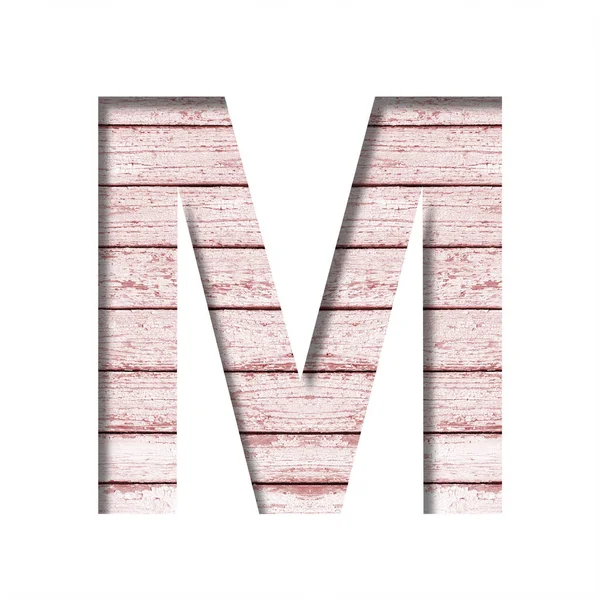 用旧漆在木板上打字体 字母M在带有粉红油漆的旧木板的乡村背景上从纸上剪下来 一套装饰字体 — 图库照片