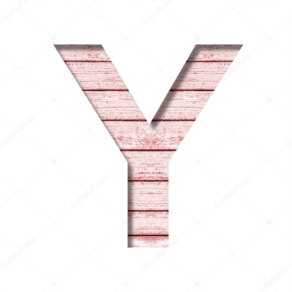 Font on boards with old paint. The letter Y cut out of paper on a rustic background of old boards with pink paint. Set of decorative fonts.