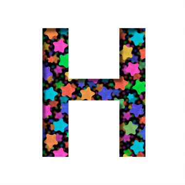 Noel yıldızlı yazı tipi. Siyahların üzerinde renkli Noel yıldızlarının arka planında H harfi kesilmiş. Dekoratif yazı tipleri kümesi.