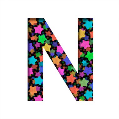 Noel yıldızlı yazı tipi. N harfi siyah üzerine renkli Noel yıldızlarının arka planında kağıttan kesilmiş. Dekoratif yazı tipleri kümesi.