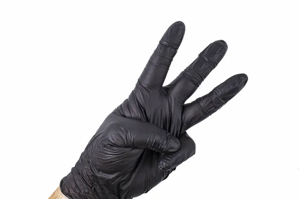 Hand Man Black Glove Shows Number Three His Fingers Signal — Stock Photo, Image