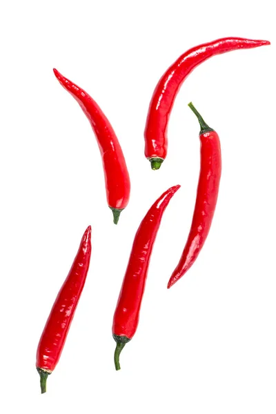 Několik Lusků Červené Horké Chilli Papričky Bílé Izolované Vzor Horní — Stock fotografie