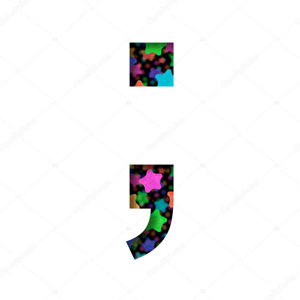 Font with Christmas stars. Punctuation marks dot and comma cut out of paper on the background of the colorful Christmas holiday stars on black. Set of decorative fonts.