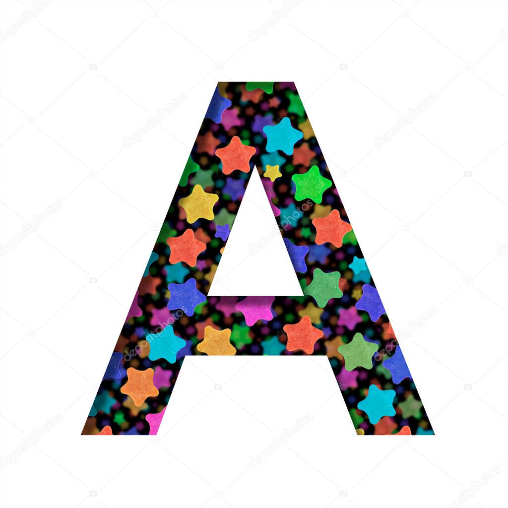 Font with Christmas stars. The letter A cut out of paper on the background of the colorful Christmas holiday stars on black. Set of decorative fonts.