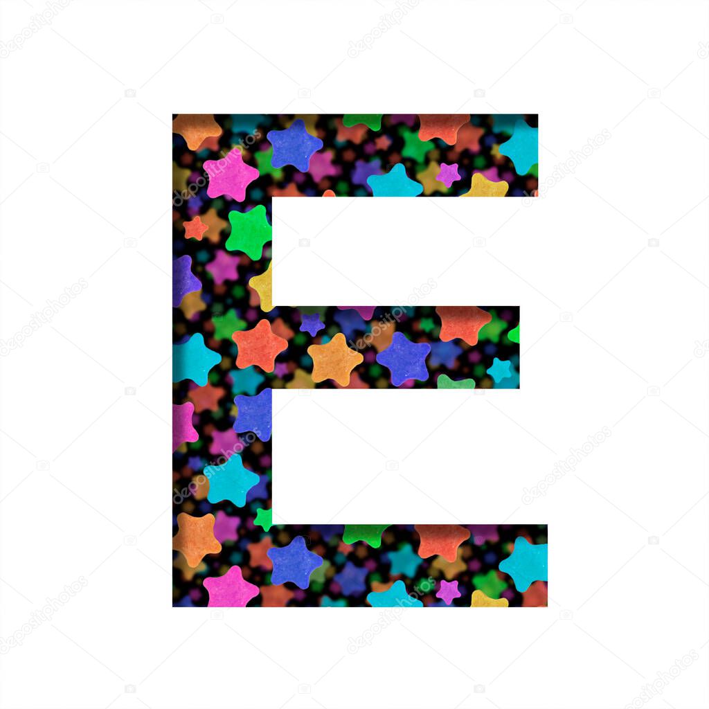 Font with Christmas stars. The letter E cut out of paper on the background of the colorful Christmas holiday stars on black. Set of decorative fonts.