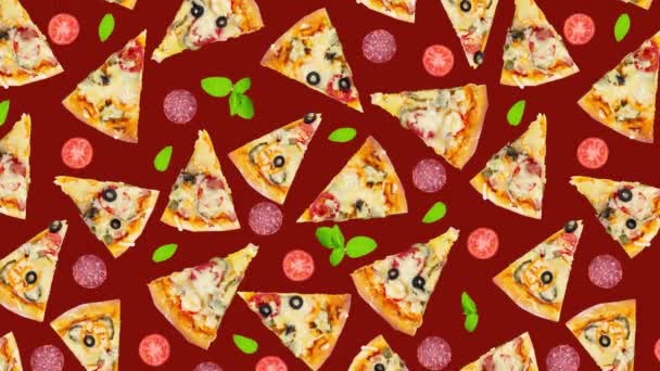 Pizza Szeletek Kolbász Paradicsom Szeletek Zökkenőmentesen Mártogatott Sötét Vörös Háttér — Stock videók