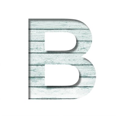 Eski tahtalardaki yazı tipi. B harfi, mavi boyalı eski tahtalardan oluşan bir duvarda kağıttan kesilmiş. Dekoratif yazı tipleri kümesi.