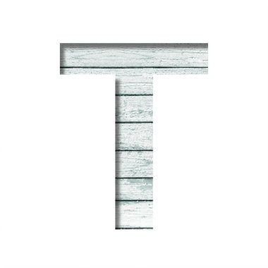 Eski tahtalardaki yazı tipi. T harfi, mavi boyalı, eski tahtalardan oluşan bir duvarda kağıttan kesilmiş. Dekoratif yazı tipleri kümesi.