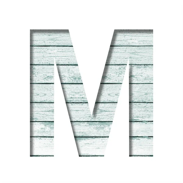 字体在旧木板上 字母M用纸刻在用蓝色油漆装饰的旧木板的锈迹斑斑的墙上 一套装饰字体 — 图库照片