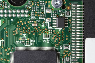 Elektronik baskılı devre kartı dijital mikro devreler üst görünümü, mikro işlemciler ve mikro denetleyiciler 