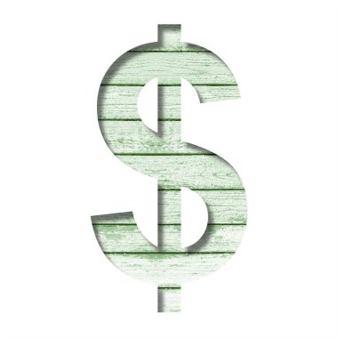 Eski ahşap bir duvardaki yazı tipi. Arka plandaki eski ahşap duvarda, soyulmuş yeşil boyalı kağıttan kesilen dolar simgesi. Dekoratif yazı tipleri kümesi.