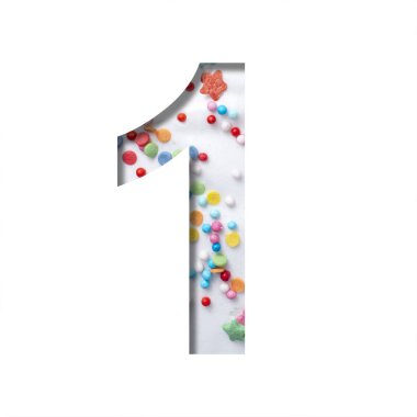 Tatlı jöleli yazı tipi. Birinci rakam, arkaplandaki beyaz tatlı jöleli kağıttan kesilmiş ve renkli serpiştirilmiş. Dekoratif tatil ya da doğum günü yazı tipi seti.