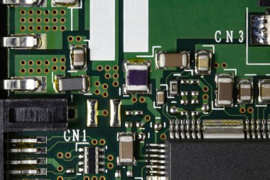 Elektronik baskılı devre kartı mikro devreler, mikro işlemciler ve çipler, üst görünüm, yakın çekim.