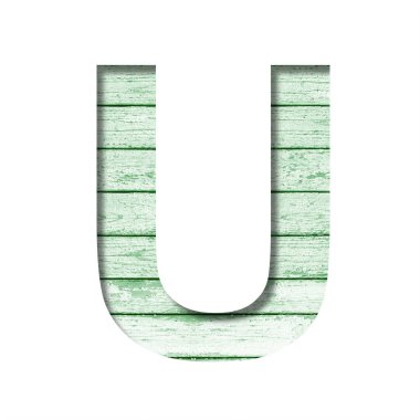 Eski ahşap bir duvardaki yazı tipi. Arka plandaki eski ahşap duvardan kesilmiş yeşil boyalı U harfi. Dekoratif yazı tipleri kümesi.