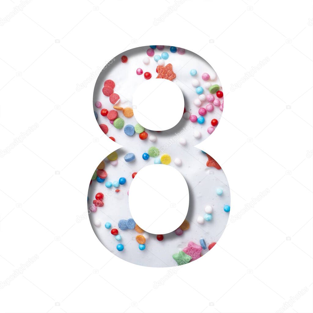 Sweet glaze font. Digit eight, 8 cut out of paper on the background of white sweet glaze with colored sprinkles. Set of decorative holiday or birthday fonts.
