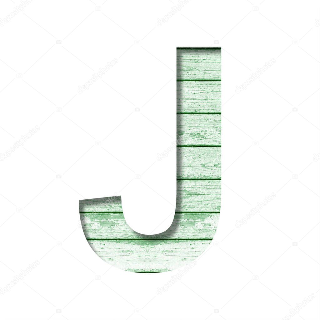 Font on an old wooden wall. The letter J cut out of paper on the background old wood wall with peeled green paint. Set of decorative fonts.