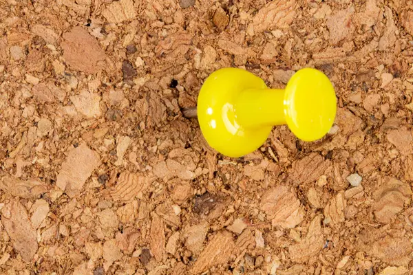 Pino Pressão Amarelo Preso Placa Escritório Parede Cortiça Close — Fotografia de Stock