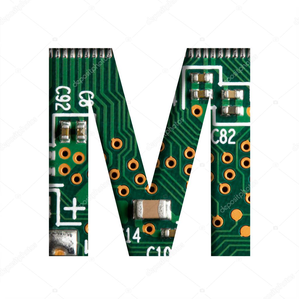 Digital technology font. The letter M cut out of white on the printed digital circuit board with microprocessors and microcontrollers. Set of modern technologies fonts.