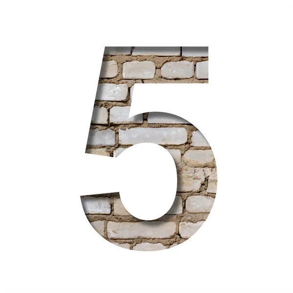 白砖上的字体 数字5 5是从白纸上剪下来的 背景是一堵松软的白色砖墙 流行的装饰字体集 — 图库照片