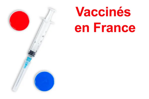 フランス語の見出しフランスでワクチン接種 Covid 19ワクチンのシリンジと2つの成分は白い背景にパーセント記号の形で表示されます 真の予防接種に関する数字のための場所 — ストック写真