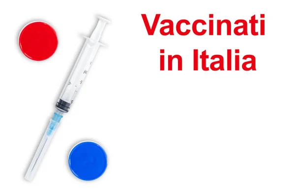 イタリア語でのタイトルイタリアでのワクチン接種 Covid 19ワクチンのシリンジと2つの成分は白い背景にパーセント記号の形で表示されます 真の予防接種に関する数字のための場所 — ストック写真