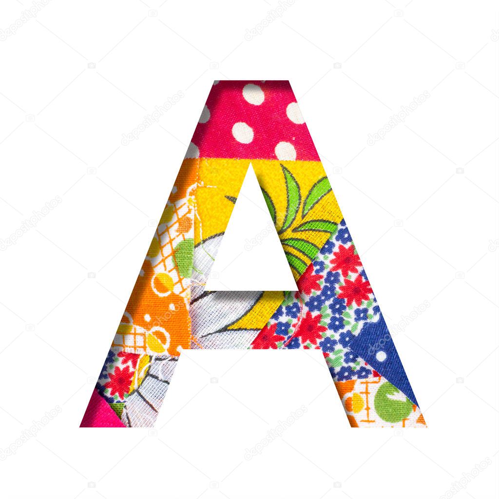 Handicraft or creative font. The letter A cut out of paper on the background of the texture of pieces of colored fabrics for home creativity or needlework. Set of decorative fonts.