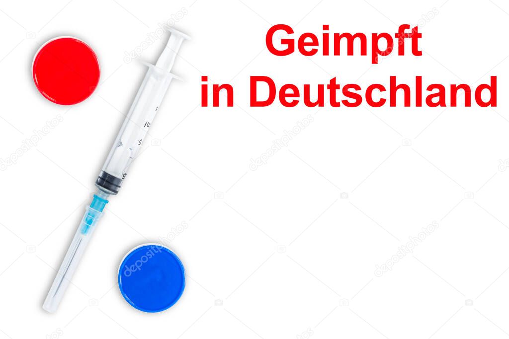 Title in German Vaccinated in Germany. Syringe and two components of the Covid-19 vaccine in the form of a percent sign on a white background. A place for digits about real vaccinations.