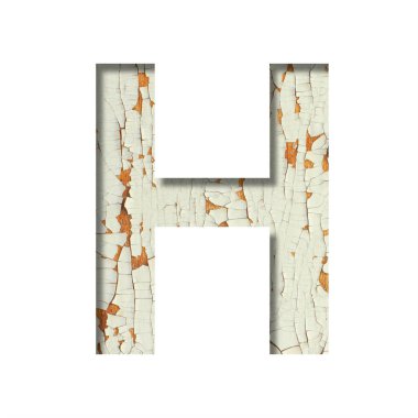 Rustik yazı tipi. Eski kırsal duvarın arka planında boyası ve çatlağı olan H harfi. Basit dekoratif yazı tipleri kümesi