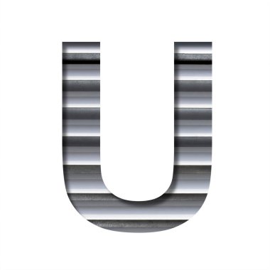 Sanayi tipi. Endüstriyel havalandırma ızgaraları ve panjurlarının arkasındaki kağıttan kesilmiş U harfi. Çelik yapılar dizisi yazı tipleri.