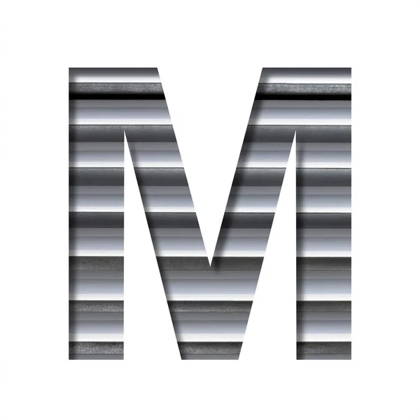 工业字体 字母M在工业通风栅或百叶窗的背景下从纸张上剪下来 一套钢结构字体 — 图库照片