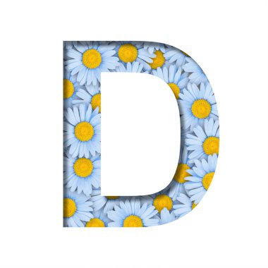Papatya çiçeği yazı tipi. D harfi, güzel mavi papatyaların arka planındaki kağıttan kesilmiş. Dekoratif çiçek yazı tipleri ayarlandı.