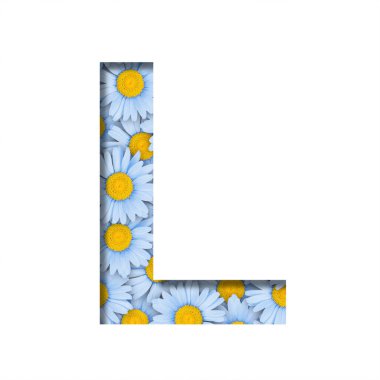 Papatya çiçeği yazı tipi. L harfi, arka planda güzel mavi papatyalar şeklinde kesilmiş. Dekoratif çiçek yazı tipleri ayarlandı.