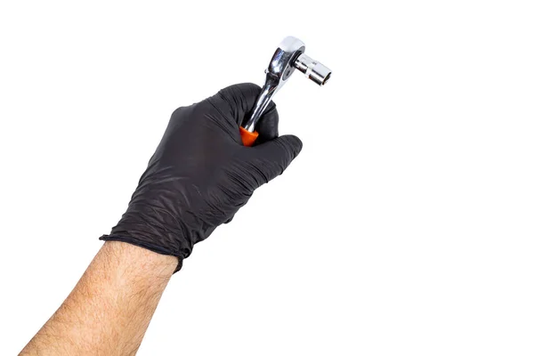 Hand Grip Ratchet Wrench Hand Man Black Glove White Isolated — Stock Photo, Image