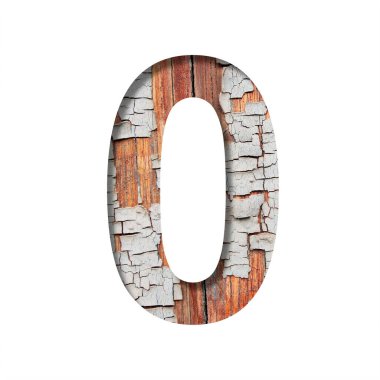 Vintage fon yazı tipi. Sıfır numara, kağıttan yapılmış 0 numara kırık boyalı eski bir ahşap duvarın arka planına karşı. Eski bir yüzeyde dekoratif alfabe.
