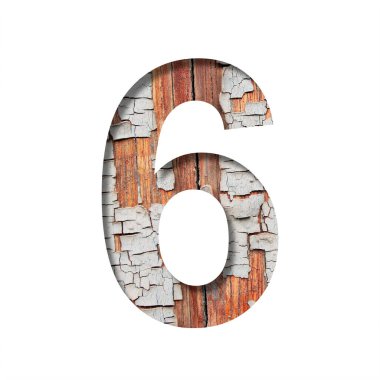 Vintage fon yazı tipi. Altı numara, kağıttan yapılmış 6 numara kırık boyalı eski bir ahşap duvarın arka planına karşı. Eski bir yüzeyde dekoratif alfabe.