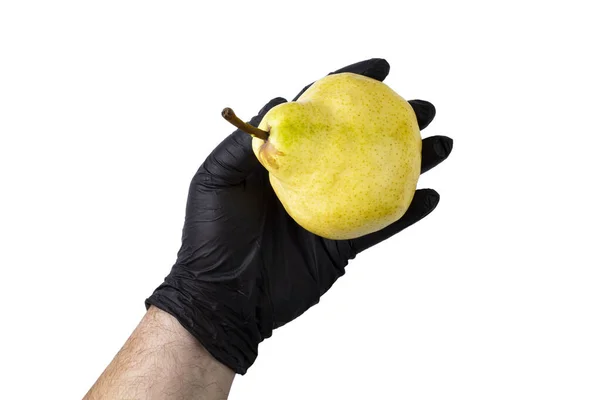 Ripe Large Pear Hand Man Black Glove White Isolated — Stock Photo, Image