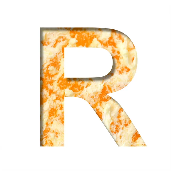 橙色最热的字体 字母R是从纸上剪下来的 背景是芬芳的果皮或成熟的橙色 明亮的橙色 装饰食品字母表 — 图库照片