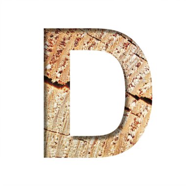 Ahşap kesimi yazı tipi. D harfi, bir ağacın arka planında çatlaklar ve talaşlarla kesilmiş bir kağıttan kesilmiş. Dekoratif doğal alfabe yazı tipleri kümesi.