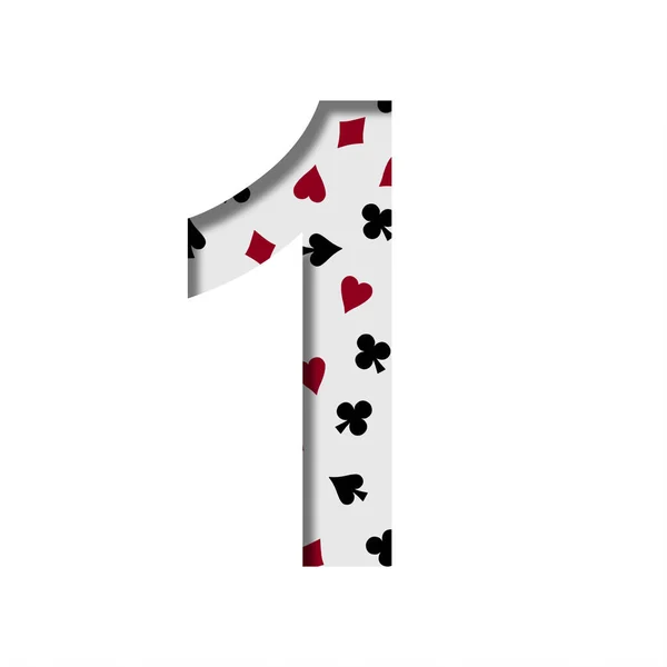 Card games font. Digit one, 1 cut out of paper on the background of the pattern of card suits spades hearts diamonds and clubs. Casino card games and poker decorative font.