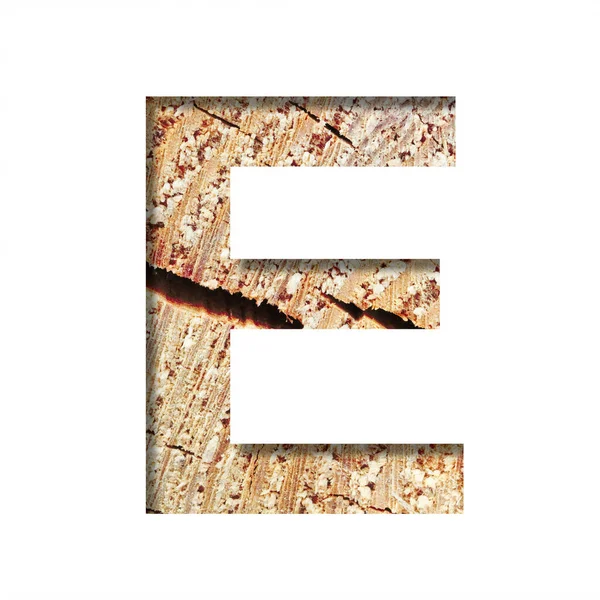 ウッドカットフォント Eという文字は 亀裂や削り出しのある木の切り株を背景に紙を切り取ったものである 装飾的な天然アルファベットフォントのセット — ストック写真