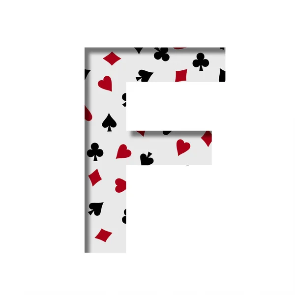 カードゲームフォント カードスーツのパターンの背景にある紙からカットされた文字Fは ハートダイヤモンドやクラブを広げます カジノカードゲームとポーカー装飾フォント — ストック写真