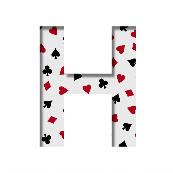 カードゲームフォント カードスーツのパターンの背景にある紙からカットされた文字Hは ハートダイヤモンドやクラブを広げます カジノカードゲームとポーカー装飾フォント — ストック写真