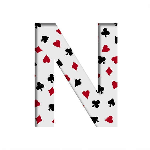 カードゲームフォント カードスーツのパターンの背景にある紙から切り取られた文字Nは ハートのダイヤモンドとクラブを広げます カジノカードゲームとポーカー装飾フォント — ストック写真