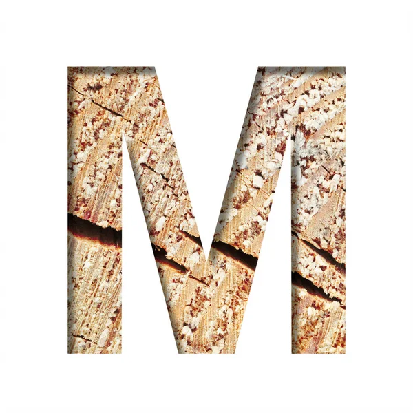 木刻字体 字母M是在有裂缝和刨花的树的背景上从纸上剪下来的 一套装饰用的自然字母字体 — 图库照片