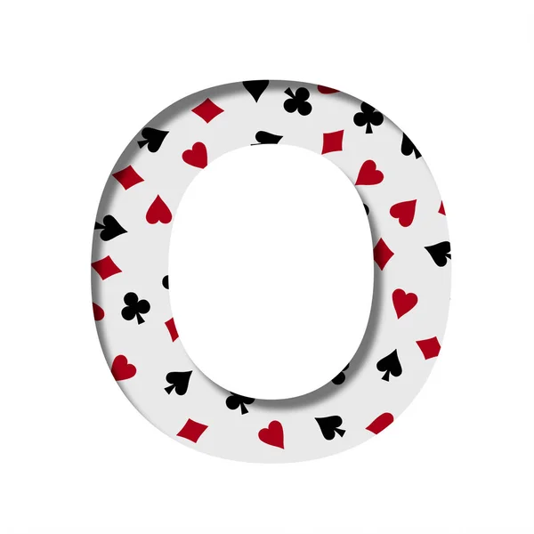 カードゲームフォント カードのパターンの背景にある紙から切り取られた文字Oは ハートのダイヤモンドやクラブを広げるのに適しています カジノカードゲームとポーカー装飾フォント — ストック写真