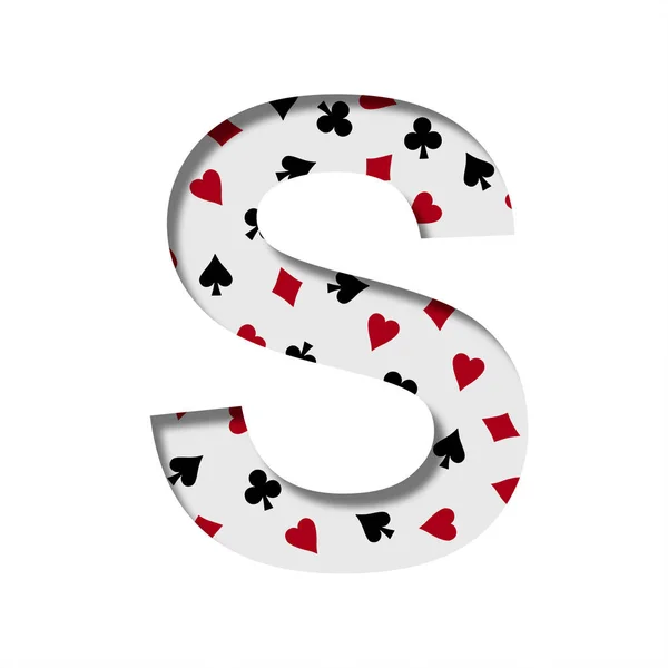 Card games font. The letter S cut out of paper on the background of the pattern of card suits spades hearts diamonds and clubs. Casino card games and poker decorative font.