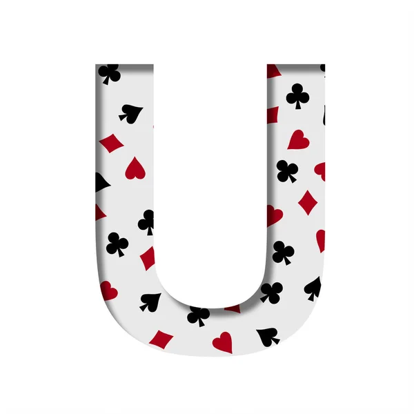 カードゲームフォント カードスーツのパターンの背景にある紙から切り取られたUの文字は ハートダイヤモンドやクラブを広げます カジノカードゲームとポーカー装飾フォント — ストック写真